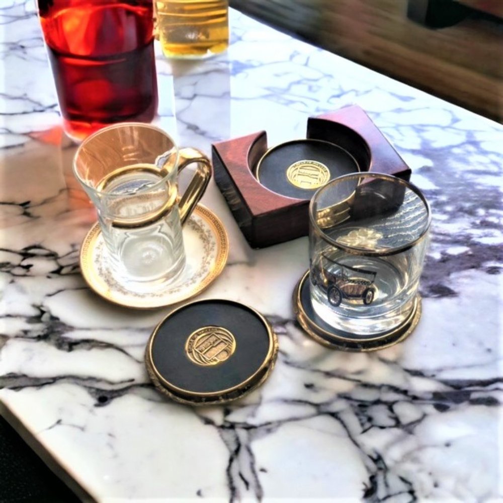 BTS Solid Brass Leather Cork Set of 4 Drink Coasters with Wooden Holder